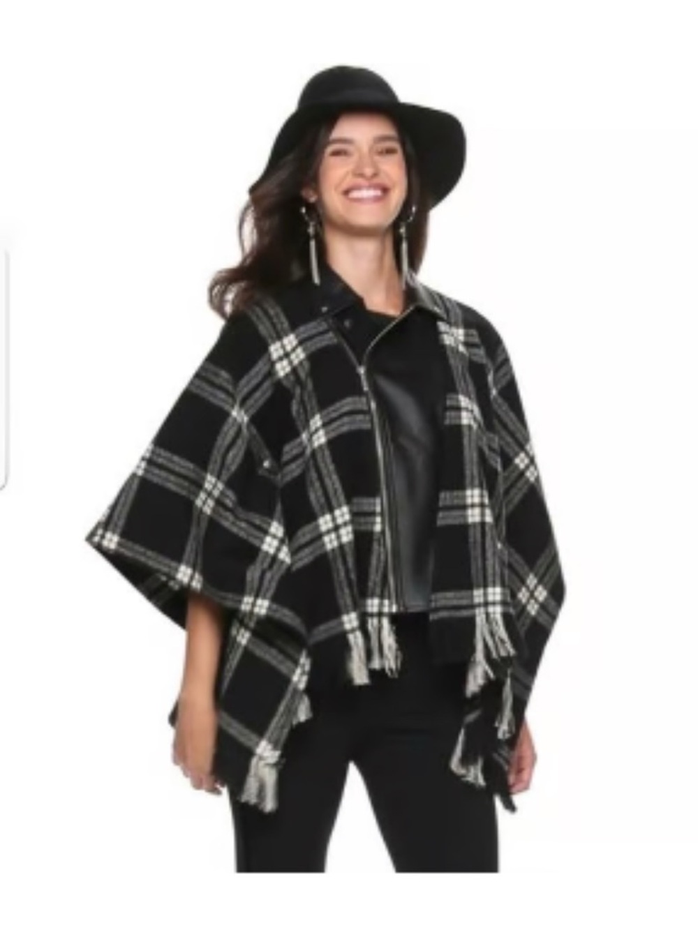 Rock & Republic Black and White Plaid Fringe Poncho